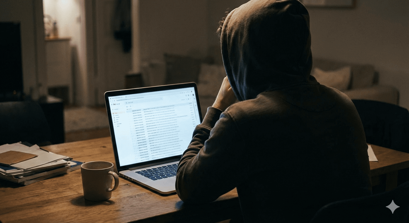 A young person in a hoodie hunches over a laptop in a dim room, scrolling through a long list of unanswered job applications.